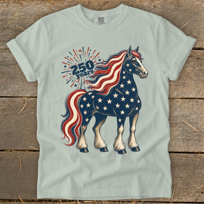 Horse with American flag mane and tail, "250 years" text.