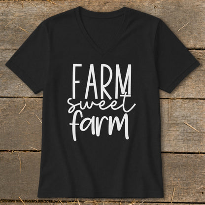Black v-neck t-shirt with "FARM sweet farm" in white cursive lettering.