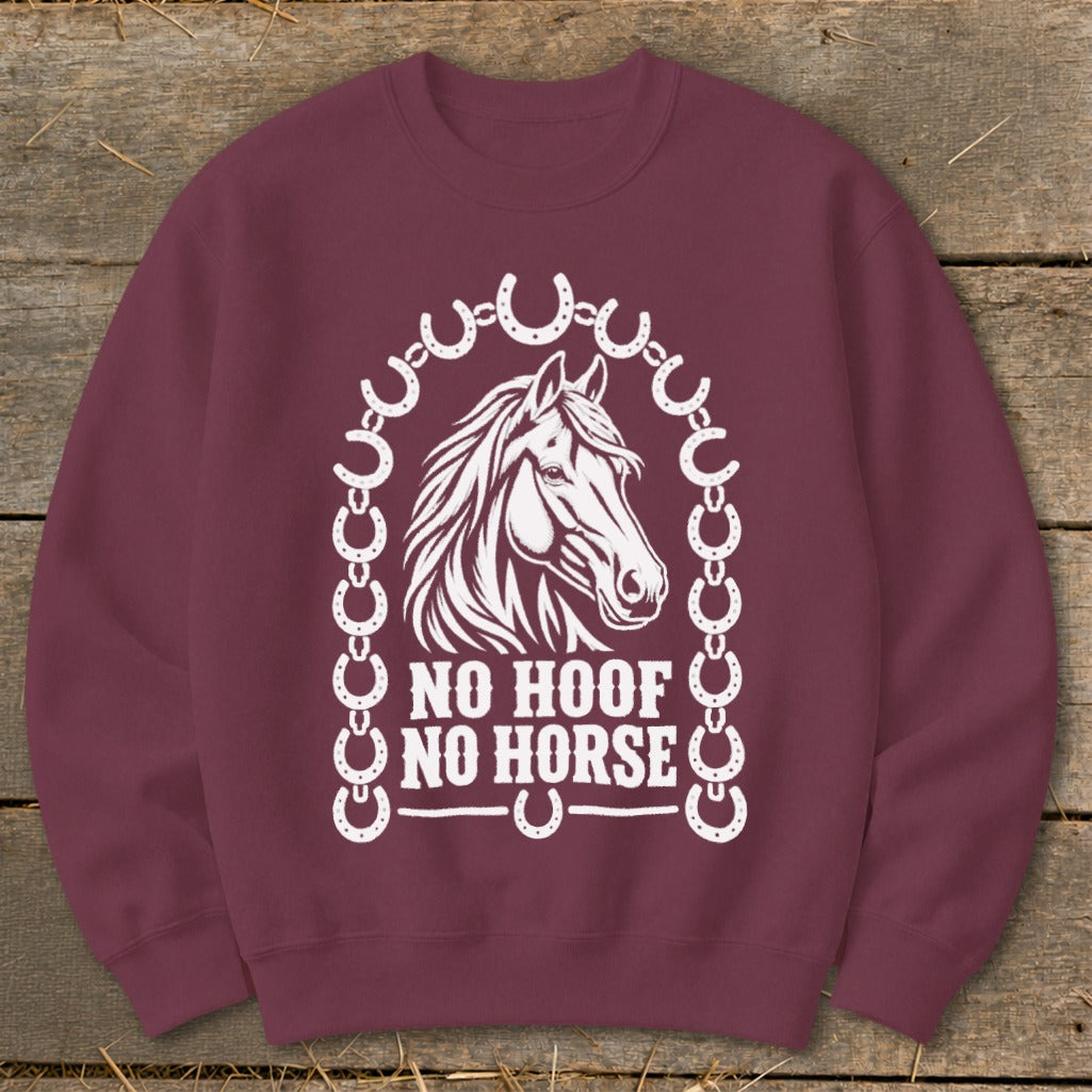 Maroon sweatshirt with white horse head graphic and text "NO HOOF NO HORSE".