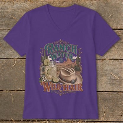Purple t-shirt with "Ranch Water & Wild Hair" graphic featuring a drink and cowboy hat.