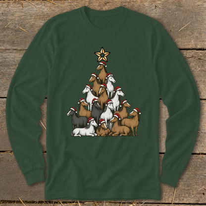 Christmas tree made of horses wearing Santa hats, topped with a star.