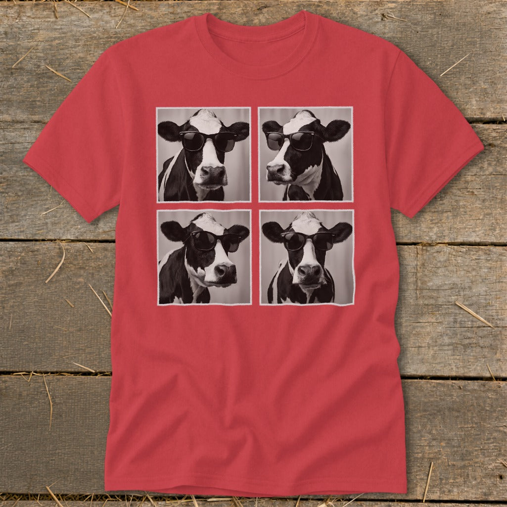 Red t-shirt with four black and white cow portraits wearing sunglasses.