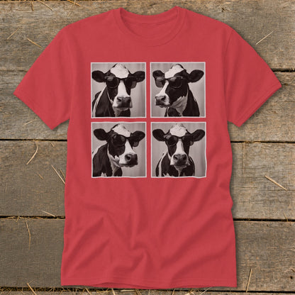 Red t-shirt with four black and white cow portraits wearing sunglasses.