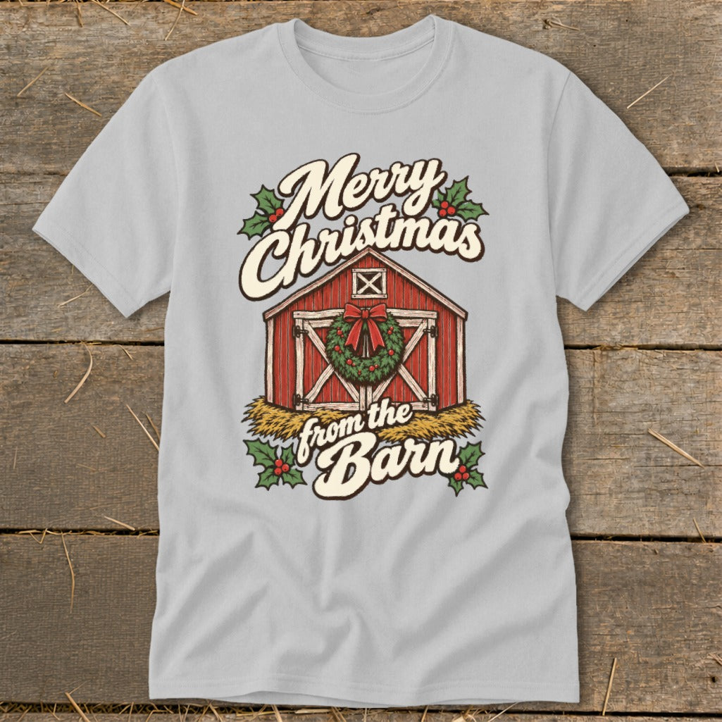 Light grey t-shirt with "Merry Christmas from the Barn" text and barn graphic.