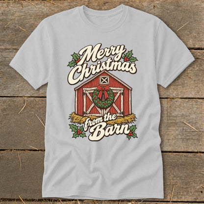 Light grey t-shirt with "Merry Christmas from the Barn" text and barn graphic.