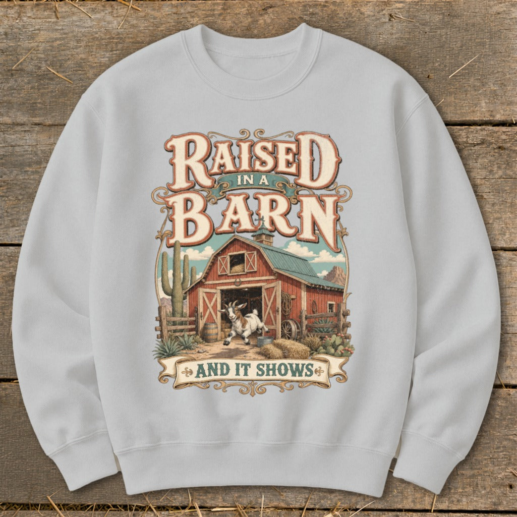 "Raised in a Barn and It Shows" graphic with a goat and red barn.