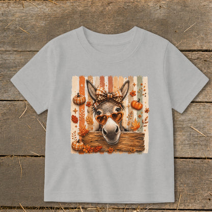 Donkey wearing heart sunglasses and plaid bow on a fall-themed graphic.