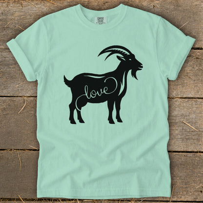 Mint t-shirt with black silhouette of a goat with the word "love" on its body.