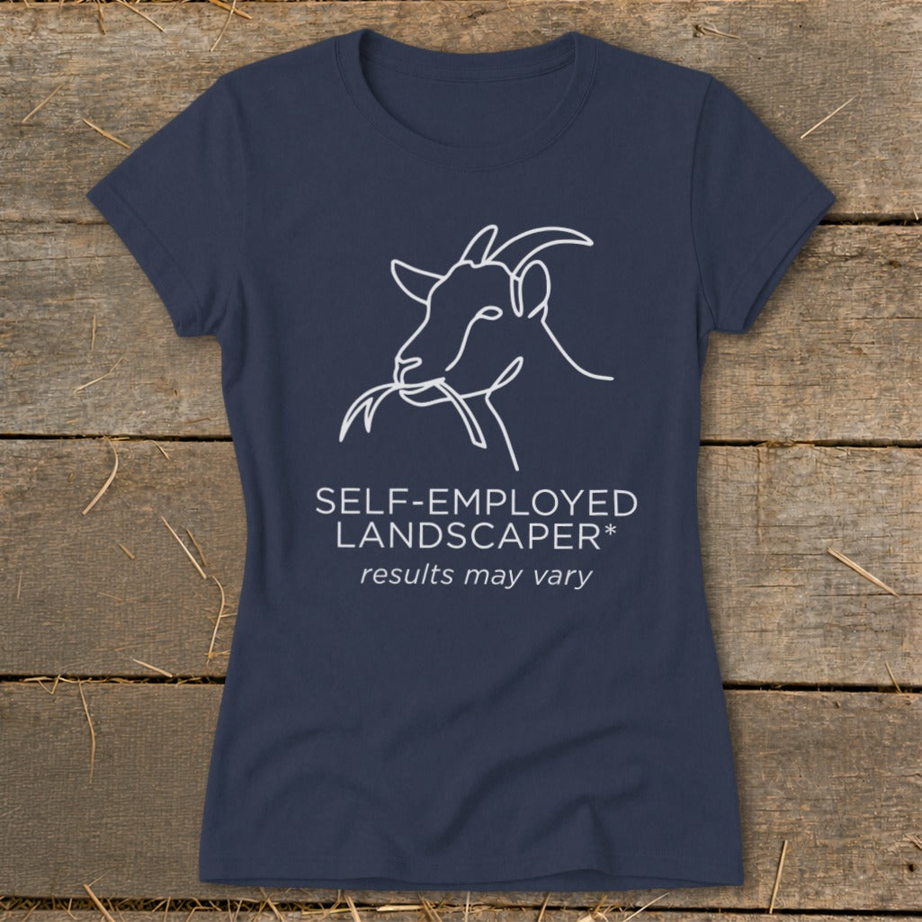 Navy t-shirt with a white line drawing of a goat eating grass and text.