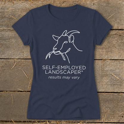 Navy t-shirt with a white line drawing of a goat eating grass and text.