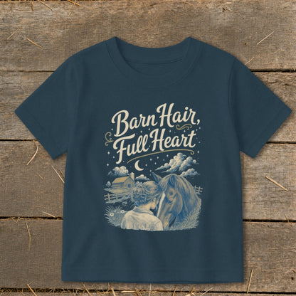 Barn Hair, Full Heart graphic on a navy blue t-shirt with a horse and girl illustration.