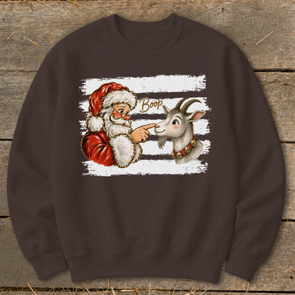 Santa booping a goat with the word "Boop" above.