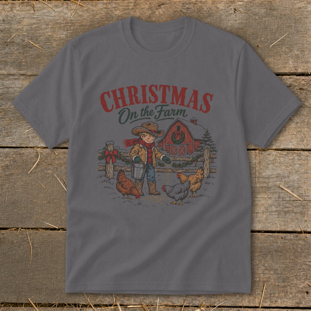 Christmas on the Farm graphic with boy feeding chickens in front of barn.
