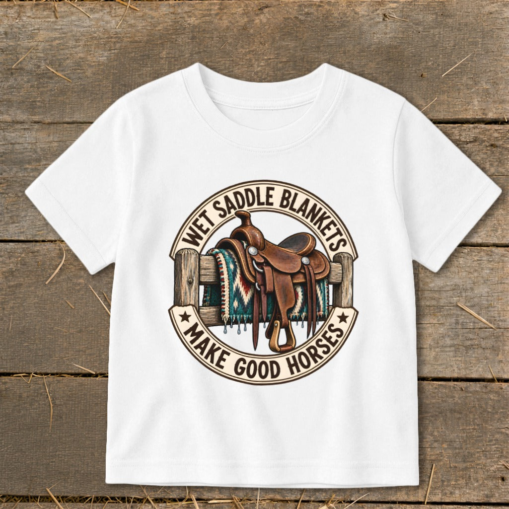 White t-shirt with a graphic of a saddle and blanket on a fence.