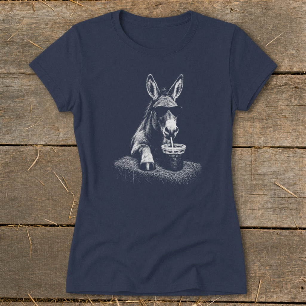 Navy t-shirt with a graphic of a donkey wearing sunglasses drinking from a cup.