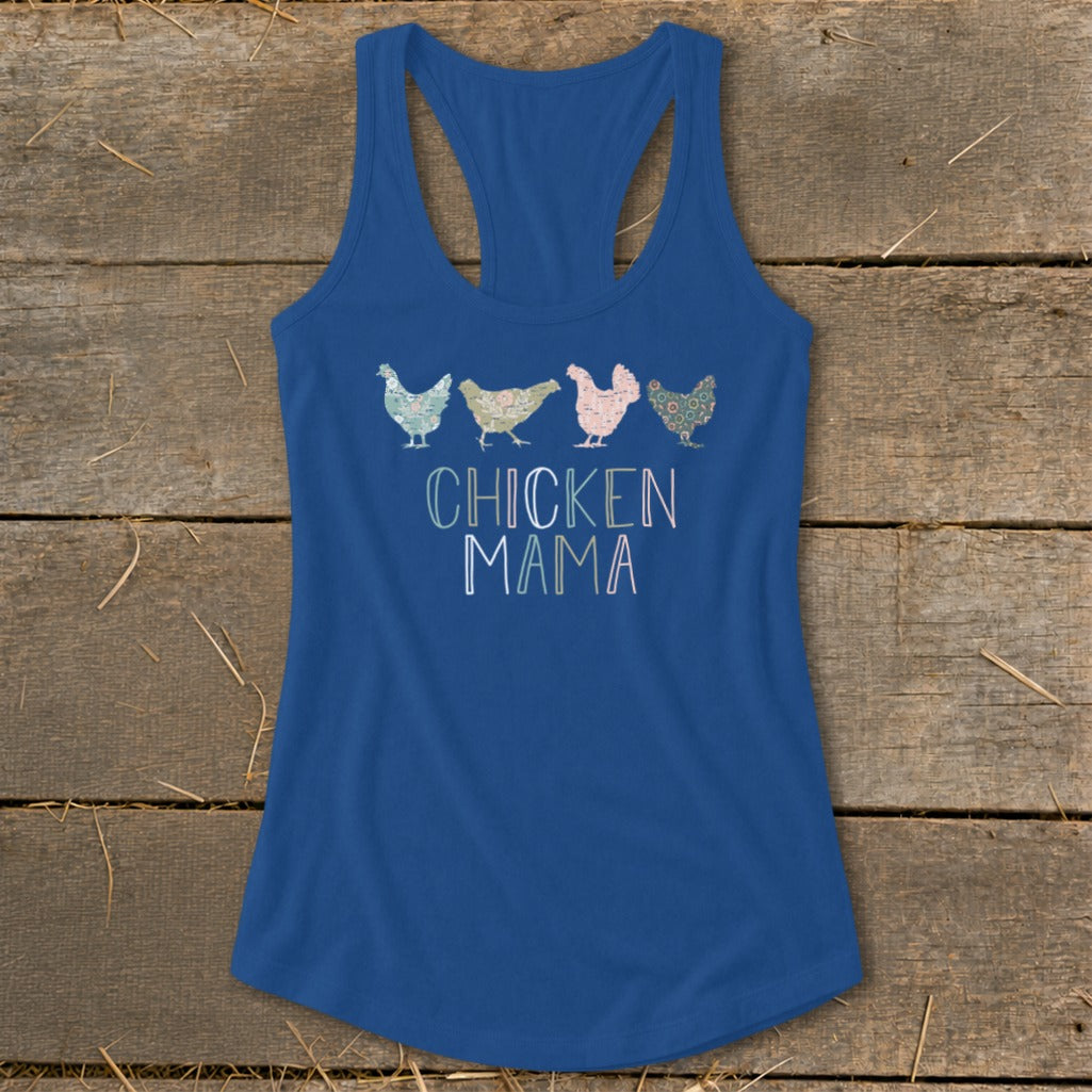 Blue tank top with four patterned chickens and text "CHICKEN MAMA".