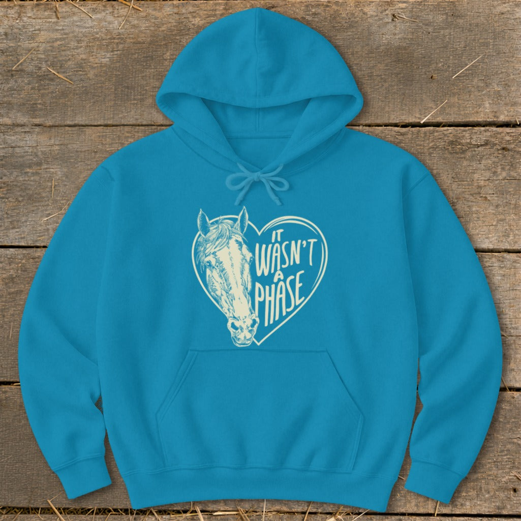 Blue hoodie with a cream heart design featuring a horse and text.