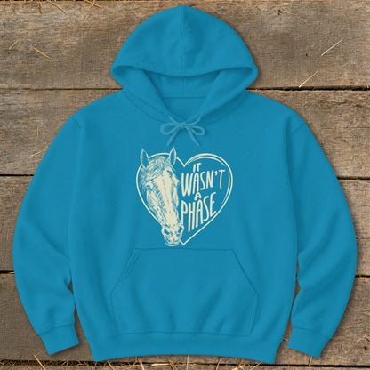 Blue hoodie with a cream heart design featuring a horse and text.