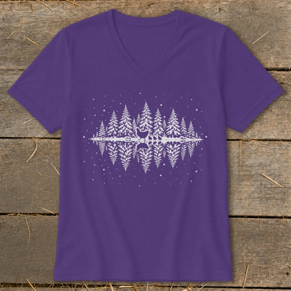 Purple v-neck t-shirt with white mirrored forest and deer graphic.