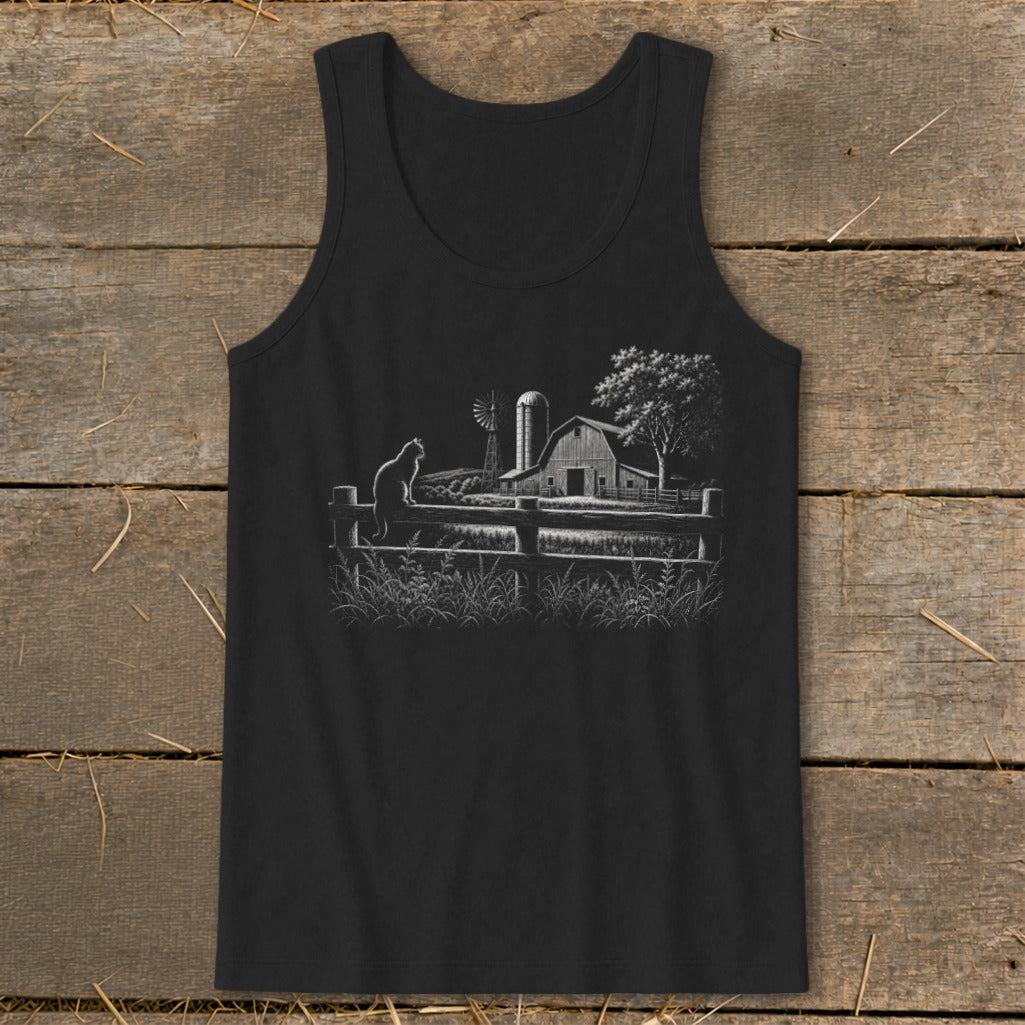 Black tank top with white line art of a cat on a fence, barn, and windmill.