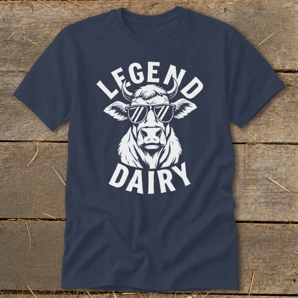 Navy t-shirt with white "LEGEND DAIRY" text and cow graphic.