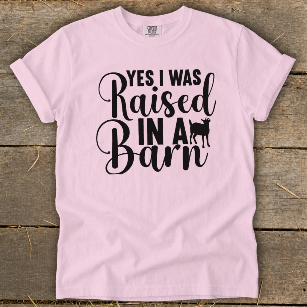 Light pink t-shirt with black text that reads "YES I WAS Raised IN A Barn" and a goat silhouette.