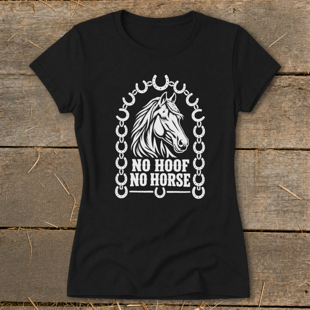 Black t-shirt with white horse graphic and "No Hoof No Horse" text.