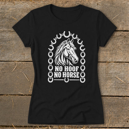 Black t-shirt with white horse graphic and "No Hoof No Horse" text.