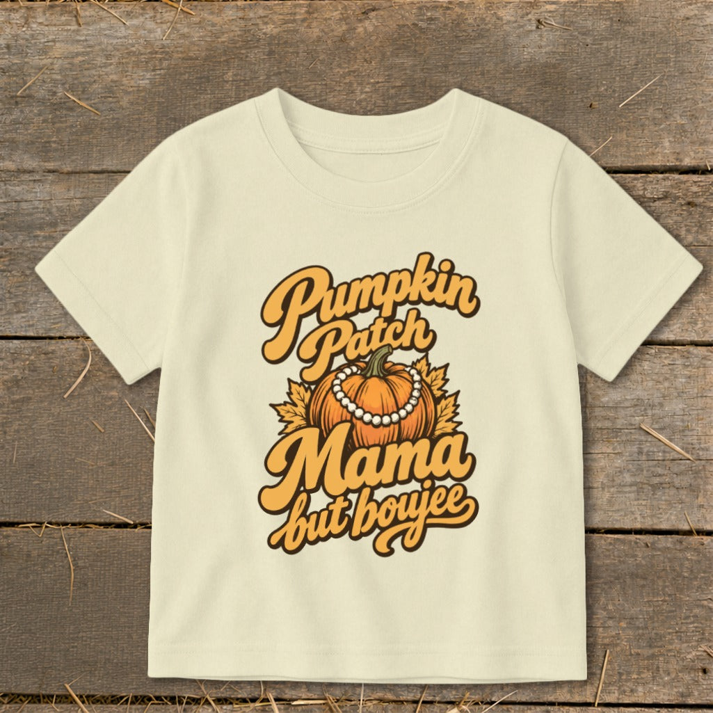 Cream t-shirt with "Pumpkin Patch Mama but boujee" text and a pumpkin graphic.