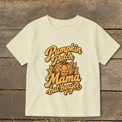 Cream t-shirt with "Pumpkin Patch Mama but boujee" text and a pumpkin graphic.