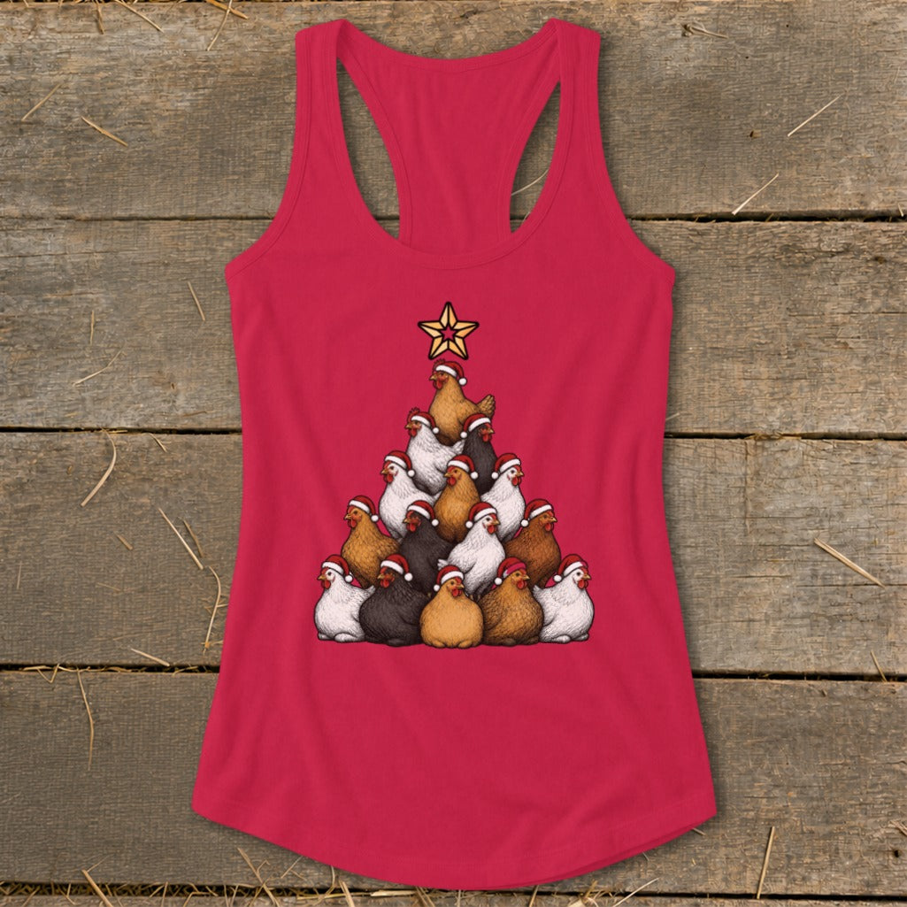 Red tank top featuring a Christmas tree made of chickens wearing Santa hats.