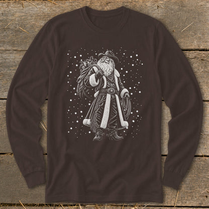 Brown long-sleeve shirt with a cowboy Santa Claus graphic and falling snow.