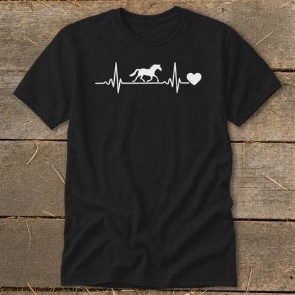 Black t-shirt with white heartbeat graphic featuring a horse silhouette and a heart.