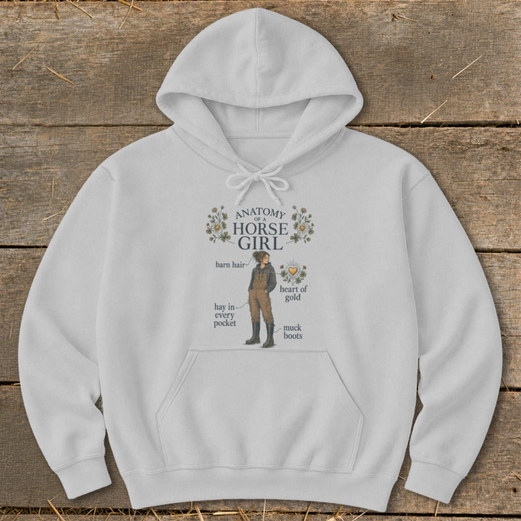 White hoodie with "Anatomy of a Horse Girl" graphic featuring labeled horse girl illustration.