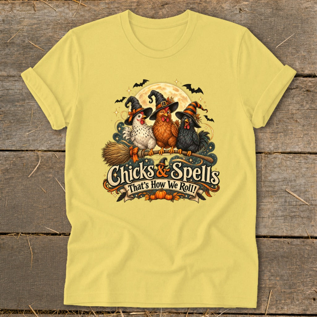 Three witch-hatted chickens sit on a broom with text "Chicks & Spells"