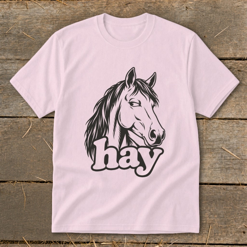 Pink t-shirt with a black line drawing of a horse's head and the word "hay".