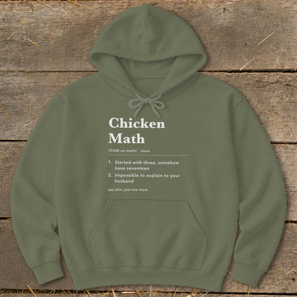 Olive green hoodie with "Chicken Math" definition text and a pocket.