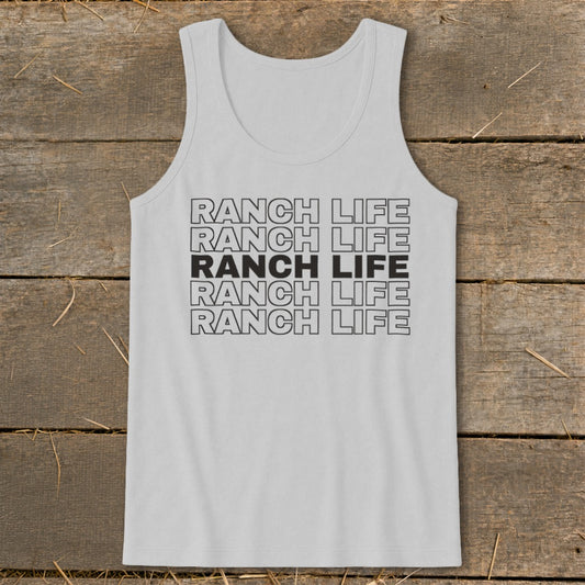 A light gray tank top with the text Ranch Life repeated in stacked lines against a wooden surface.