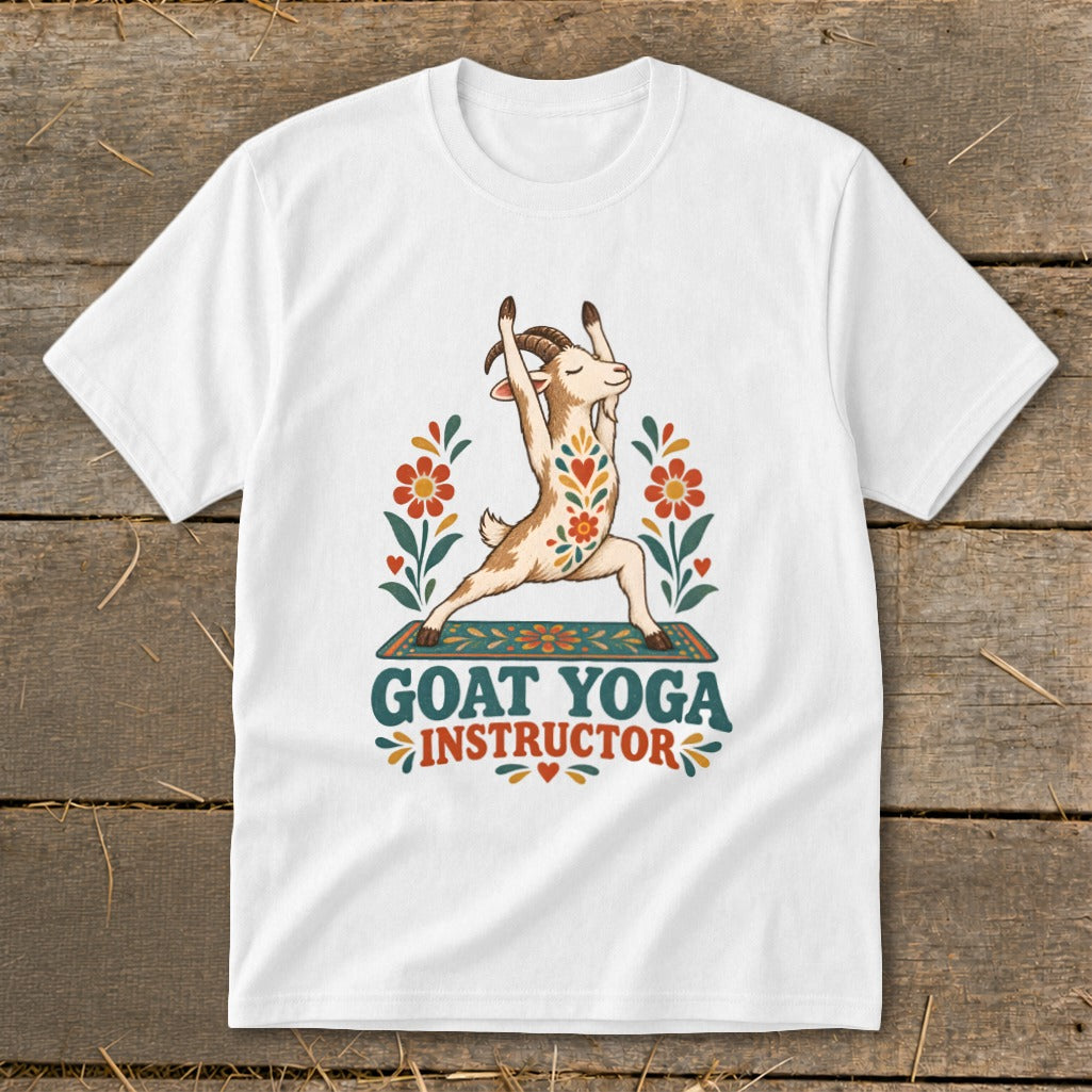 White t-shirt with a goat in yoga pose, "Goat Yoga Instructor" text.