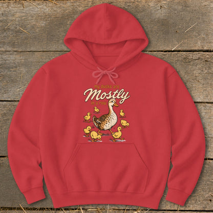 Red hoodie with a graphic of a mother duck and ducklings with text "my ducks are Mostly in a row."