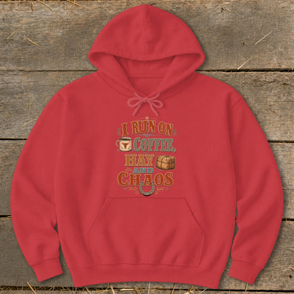 Red hoodie with "I run on coffee, hay and chaos" text.