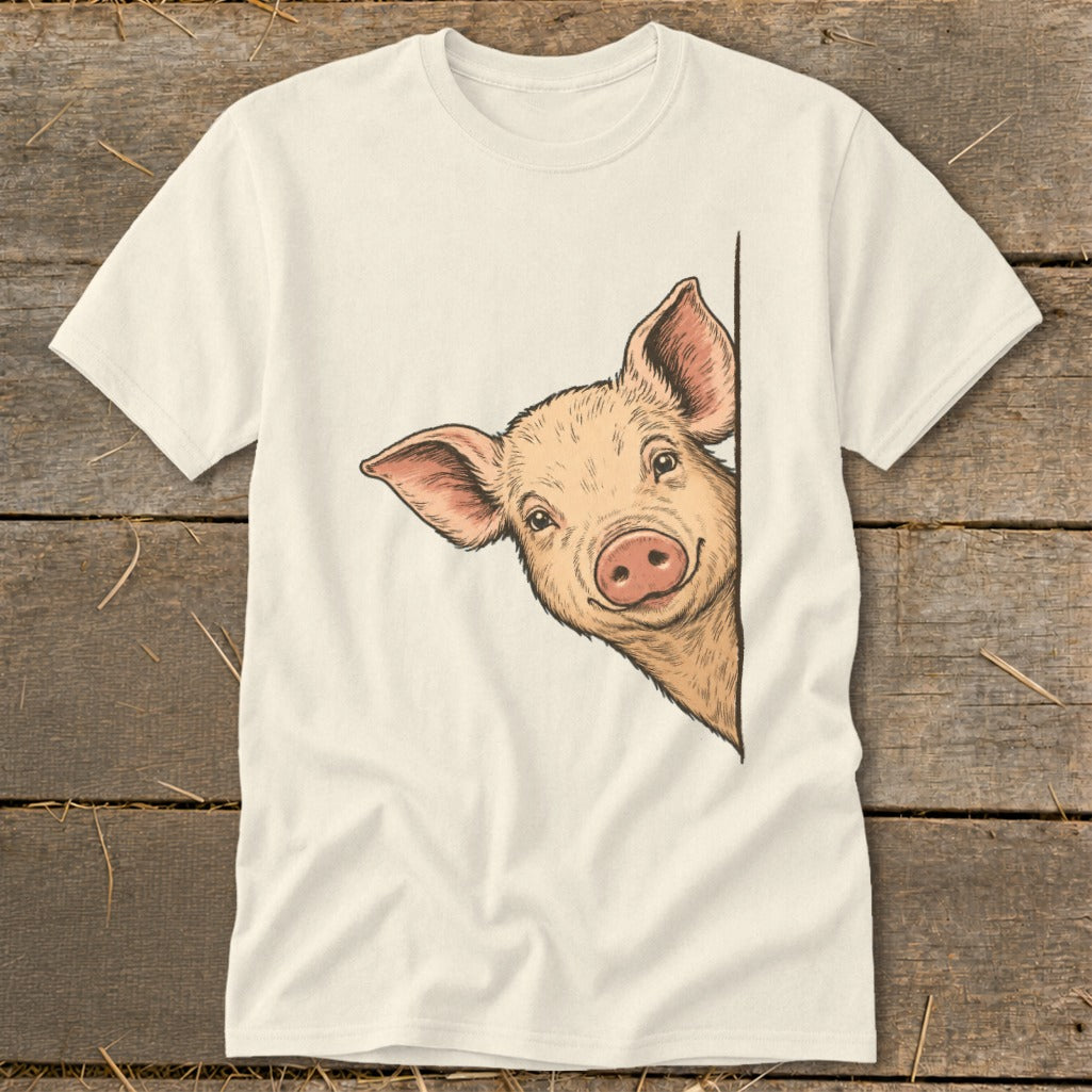 T-shirt with a drawing of a pig peeking from the side.