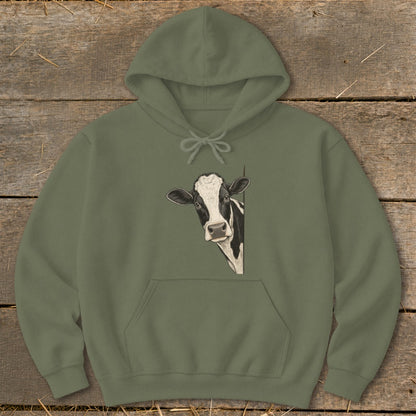 Olive green hoodie with a black and white cow peeking from the side.
