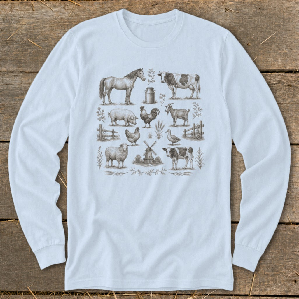 Long sleeve shirt with sepia-toned farm animal illustrations and a windmill.