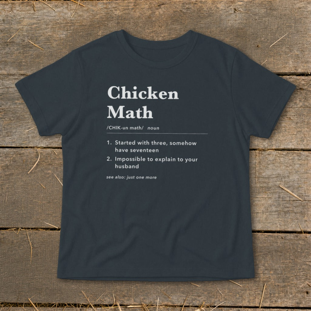 Dark t-shirt with "Chicken Math" definition: Started with three, somehow have seventeen.