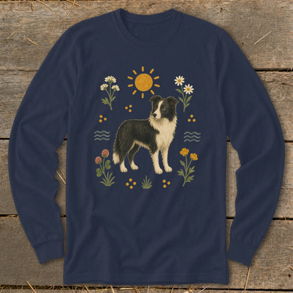 Long-sleeved navy shirt with a Border Collie and floral design.