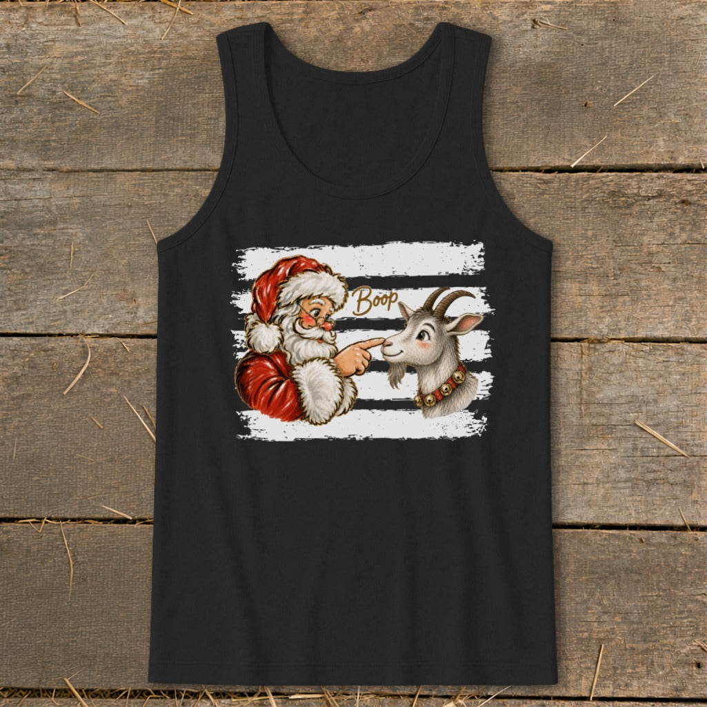 Santa booping a goat with "Boop" text on a black tank top.