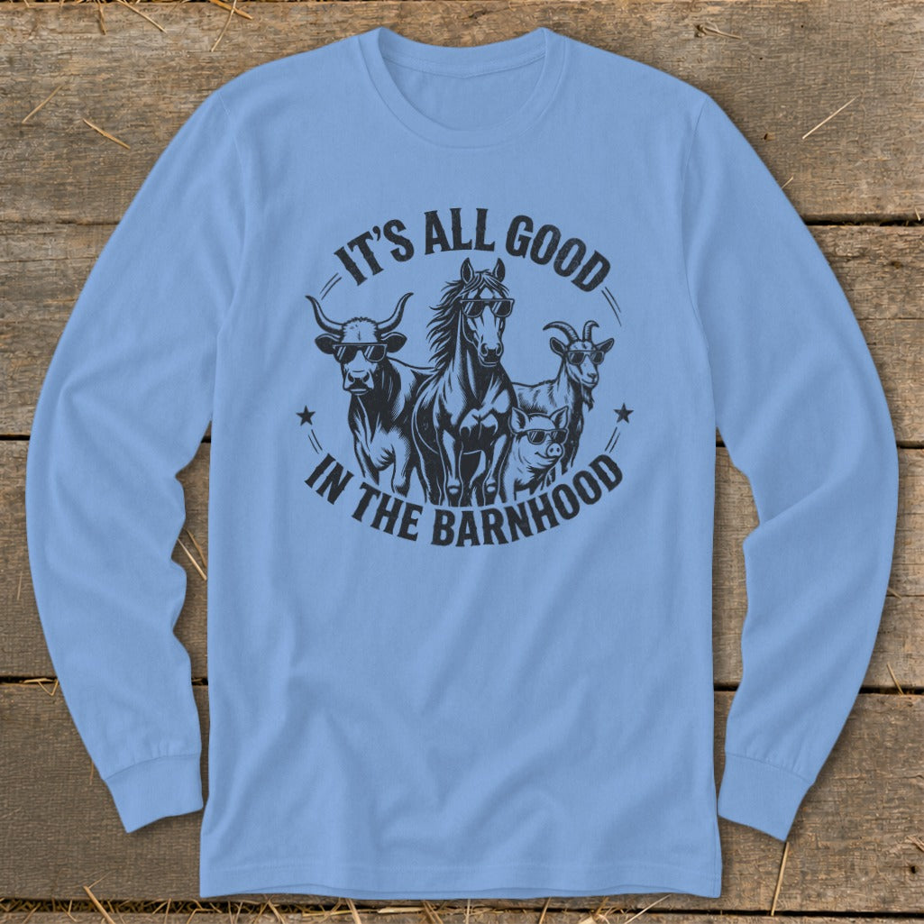Long-sleeve blue shirt with black graphic of animals wearing sunglasses and text "It's All Good in The Barnhood."