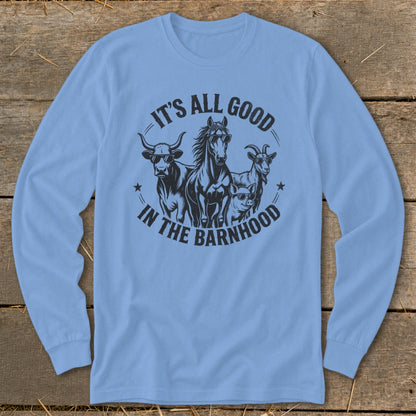 Long-sleeve blue shirt with black graphic of animals wearing sunglasses and text "It's All Good in The Barnhood."