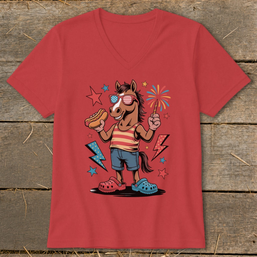 Cartoon horse wearing sunglasses, holding hot dog and sparkler with patriotic graphics.